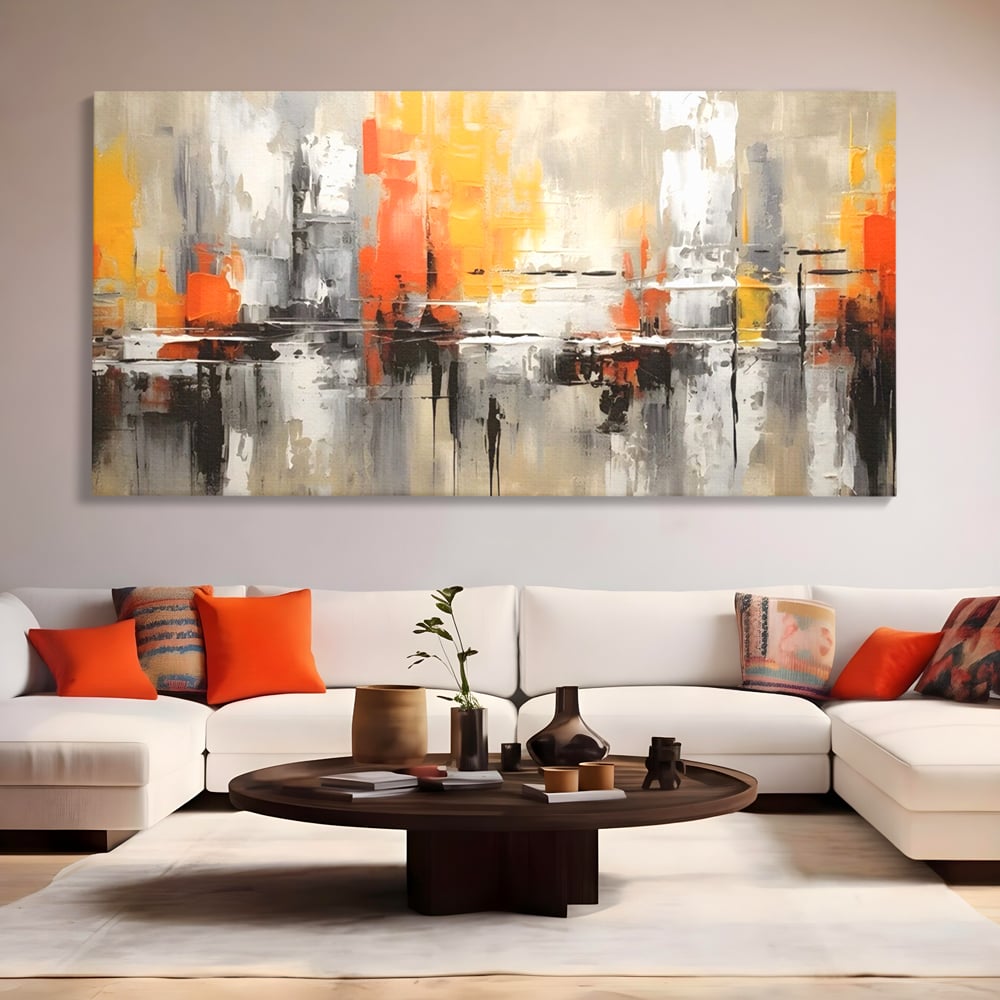Tablou canvas cu pictura abstracta cu turnuri portocalii, fara rama, pe sasiu de lemn, pe perete intr-un living